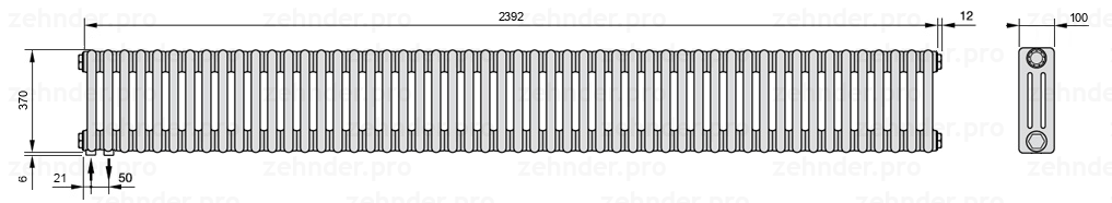 Схема (чертеж) Радиатор Zehnder Charleston 3037/52 №3370 Белый глянцевый RAL 9016